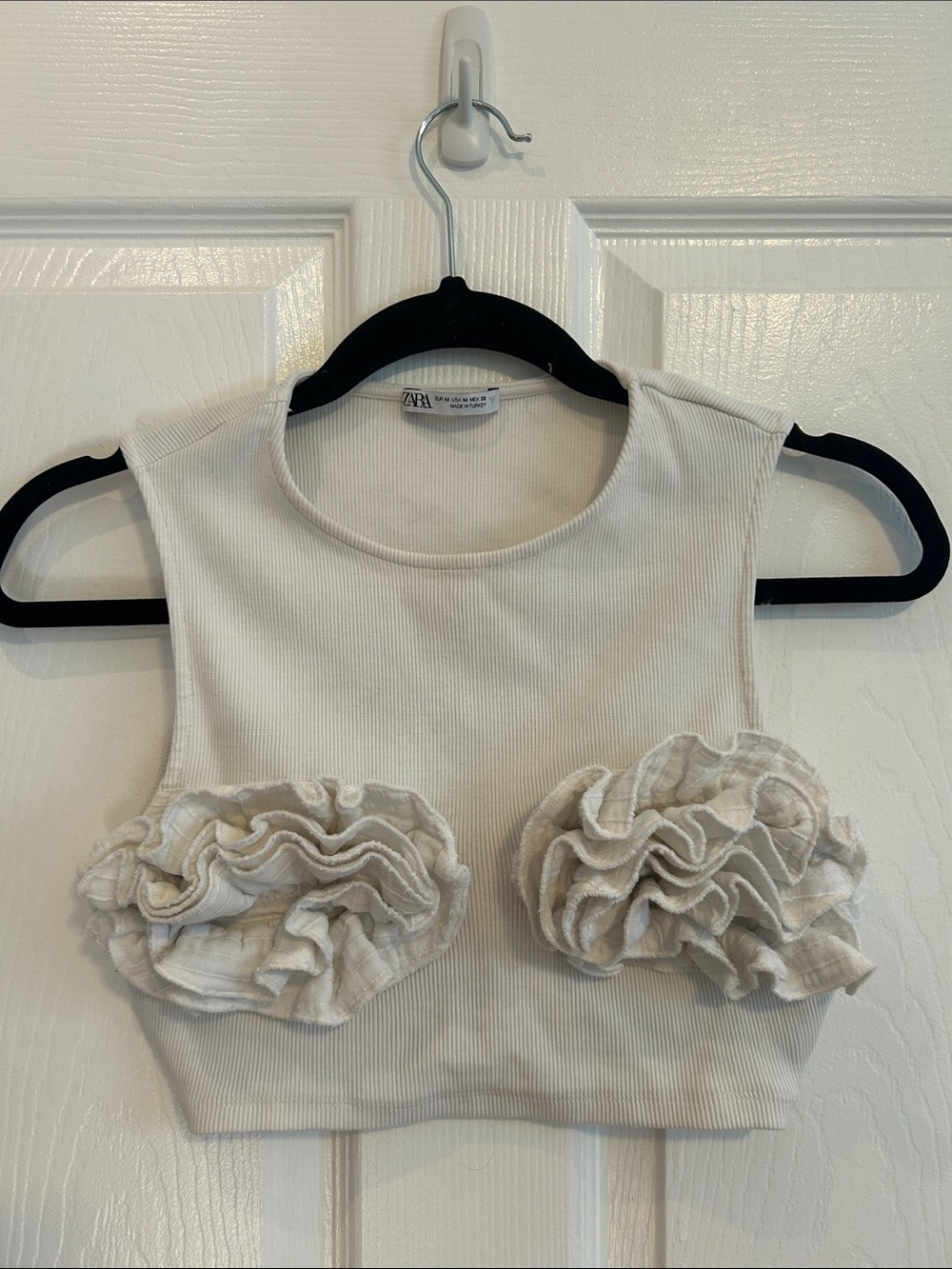 Zara White Ruffle Ribbed Cropped Tank Top